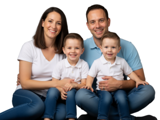 A joyful family of four shares a warm, candid moment against black—mom in white tee, dad in blue polo, two boys in matching whites. Smiles, hugs, and coordinated style radiate love, unity, and everyda