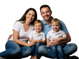 A joyful family of four shares a warm, candid moment against black&mdash;mom in white tee, dad in blue polo, two boys in matching whites. Smiles, hugs, and coordinated style radiate love, unity, and everyda