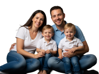 A joyful family of four shares a warm, candid moment against black—mom in white tee, dad in blue polo, two boys in matching whites. Smiles, hugs, and coordinated style radiate love, unity, and everyda