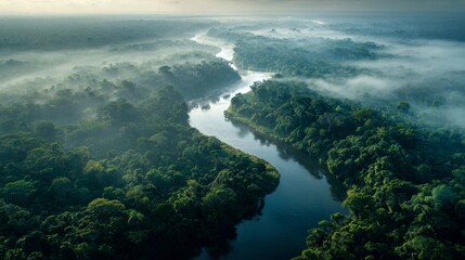 Fototapeta premium Aerial view of the Amazon River surrounded by forest and fog