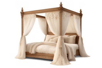 Carved wooden four-poster canopy bed with elegant sheer white curtains and plush bedding, transparent background