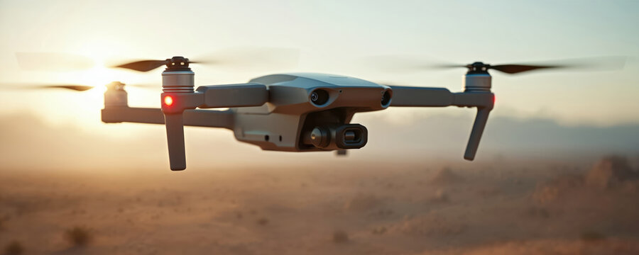 A gray drone flies in the sky during sunset. The unmanned aerial vehicle has a camera and rotors spinning. It is used for delivery and surveillance missions in urban areas.