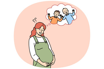 Pregnant mother is waiting for birth of twins from boy and girl, and smiles holding tummy. Cheerful pregnant lady dreams of future boy or girl, thinking about gender of unborn child