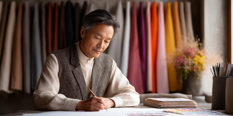 Tailor designing custom clothing sketches with vibrant fabric swatches in background. Professional tailor focuses on detailed design work while surrounded by colorful textiles.