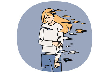 Depressed woman feels personality breakdown due to dependence on antidepressants and narcotic substances. Problems of uncontrolled use of antidepressants in girl suffering from stress and frustration