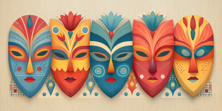 Colorful tribal masks arranged in a line showcasing intricate designs and expressive features. Each mask features unique shapes, patterns, and vibrant colors that evoke cultural traditions.
