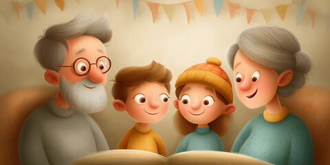 Family storytelling moments with grandparents and children enjoying time together. Family storytelling includes laughter and joy with colorful decorations in background,