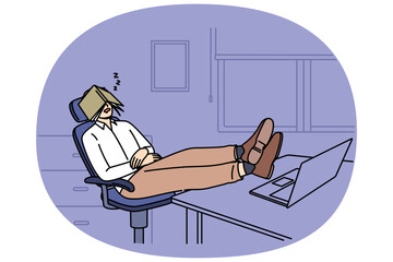 Man sleeps sitting in office and with legs on table, covering face with diary, demonstrating laziness. Lazy clerk sleeping at workplace due to lack of motivation and kpi indicators in corporation