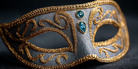 Decorative mask with intricate designs and jewels showcasing elegance and mystery. Detailed mask features metallic embroidery and sparkling gems, perfect for themed parties and masquerade events.