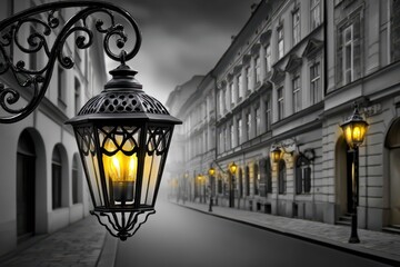 An ornate street lamp illuminates a historic European city street with classic architecture, casting a warm glow on the cobblestone road in the twilight hour.