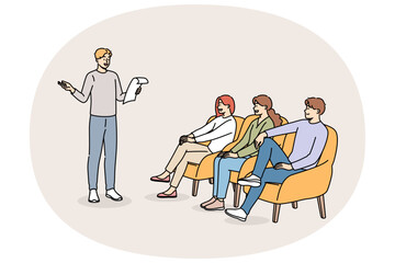 Poetry evening with man reading own poems, for positive listeners sitting in armchairs. Poetry party with students on university campus for involvement in development of creative potential.