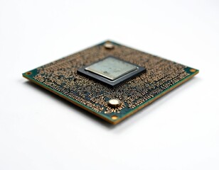 Old computer processor chip isolated on white background. Macro view of burnt electronic hardware. Digital data core damage. Broken tech component.