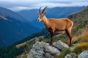 Obraz premium An alpine ibex standing proudly on a rocky outcrop, with a stunning mountain backdrop showcasing its natural habitat, a beautiful mammal in the wild.
