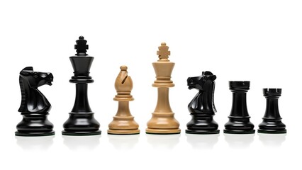 Collection of elegant dark and light wooden chess pieces including the king knight bishop and rook standing prominently in a row on white background