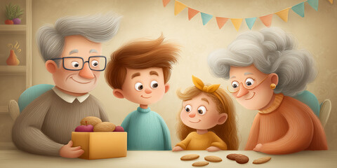 Family celebration with grandparents and children sharing gifts and treats. Joyful gathering includes cute kids and grandparents opening a box of cookies together while smiling and enjoying.
