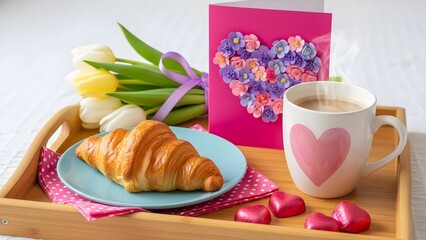 Romantic breakfast in bed tray featuring a golden brown croissant, steaming hot beverage in a heart mug, spring tulips, and a floral greeting card on white background