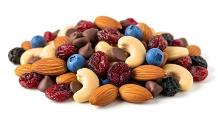 A selection of assorted healthy dried fruits and various nuts displayed attractively in small wooden bowls with spoons on white background