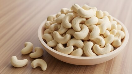 A plentiful serving of creamy white raw cashew nuts piled high in a natural light wooden bowl scattered slightly on a smooth wooden surface on white background