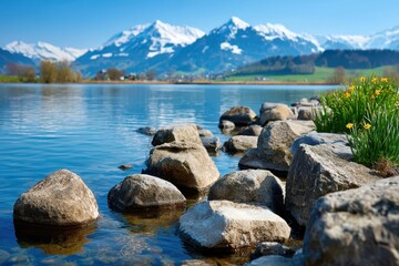 A serene view of a mountain lake surrounded by snow-capped peaks, with clear water reflecting the blue sky, and rocks on the shore in the foreground.