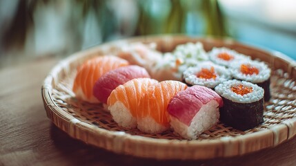 Assortment of fresh sushi on a woven platter, a delightful culinary experience