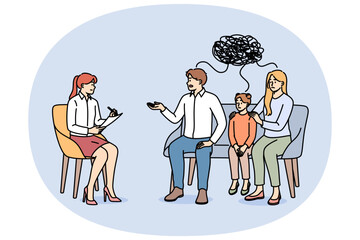 Family psychotherapy session for parents and little daughter sitting near psychologist. Family psychotherapy to resolve conflict and avoid quarrels or misunderstandings between child with mom and dad