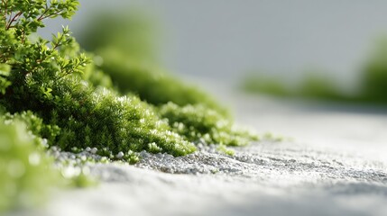 Intimate view capturing vibrant green moss and foliage on light textured surface