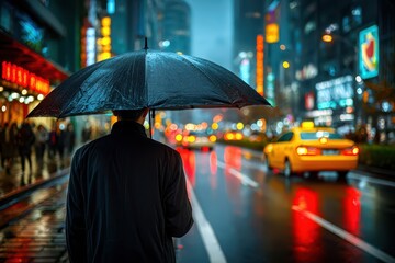 A solitary figure walks through a vibrant city street on a rainy night, shielded by an umbrella, with bright neon lights and yellow taxis creating a dynamic urban scene.