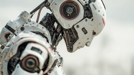 Detailed Robot Head with Visible Mechanics and Scratches in an Outdoor Setting