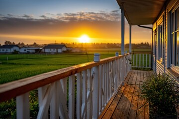 A serene sunrise view from a wooden porch overlooking a green field and distant houses, capturing the golden light of dawn illuminating the landscape and the wooden floor.