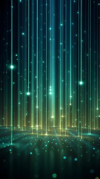 Golden particles falling, shimmering green fragments swirling against deep background, creating luminous, dynamic visual symphony with ethereal motion