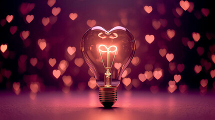 Heart shaped light bulb glowing with warm illumination on dark pink background, romantic idea concept, creative love symbol, cinematic studio lighting, modern abstract background