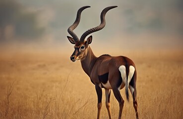 Obraz premium Sable antelope with curved horns looks back from dry grassy savanna. Majestic wild animal pauses in golden field, gazes curiously at photographer, nature scene.