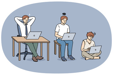 Evolution of man office clerk using laptop, gradually turning into successful manager. Primitive man with computer work hard and become happy office worker thanks to ambition and motivation