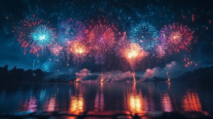 Colorful fireworks exploding in night sky above lake with reflections on water, celebrating festive atmosphere, joy, freedom, bright emotions during beautiful evening illumination over calm landscape