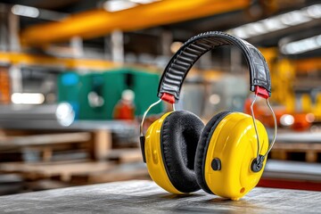 Close-up of bright yellow earmuffs sitting on a work bench in a factory setting, ready for use, promoting hearing protection and safety in the workplace.