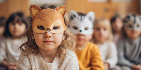 Children wearing animal masks during playful activity with fox and cat designs, engaged in joyous expression and group interaction of creativity.