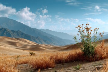 A serene desert landscape featuring sand dunes, wild vegetation, and distant mountains under a bright blue sky with scattered clouds, creating a peaceful ambiance.