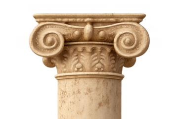 Greek ionic column capital with volutes, architectural design, classic ancient structure detail, historical monument support