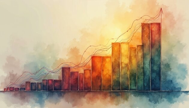 Bar chart with rising trend lines. Illustrates financial growth positive outcome and future projection. Colorful watercolor style with data analysis.