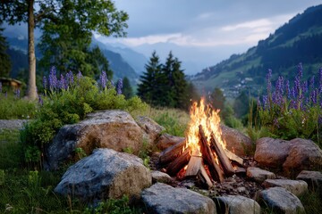 Cozy campfire nestled amongst rocks and wildflowers with a scenic mountain backdrop, creating a warm and inviting ambiance in the evening twilight.