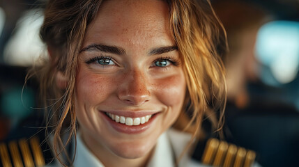 Confident Female Pilot Smiling in Cockpit - Aviation Career in Focus