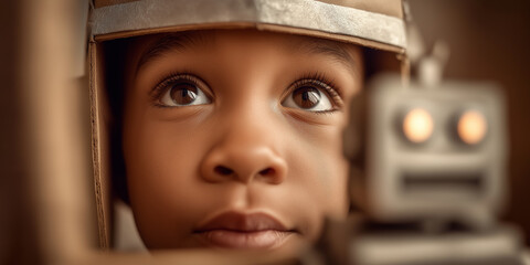 Child with cardboard robot costume and focused expression gazes with curiosity towards creative toy robot beside him. Imaginative play fuels creativity in children, inspiring fun adventures.