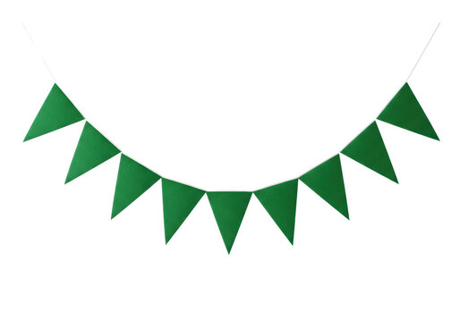 ultra-detailed, symmetrical emerald green matte fabric bunting flags suspended on white twine against a pristine high-key white background with copy space. concept for elegant celebration