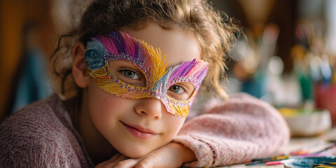 Child with colorful mask enjoying creativity during fun celebration at home. Bright mask features feathers and embellishments, showcasing artistic expression and imaginative play.