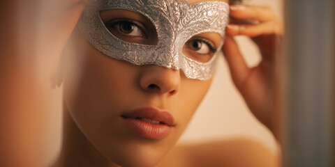 Woman adjusting silver mask while gazing in mirror. Woman wears elegant mask and prepares for glamorous event or celebration. Silver mask symbolizes mystery and allure for masquerade party themes.
