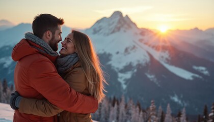 Couple hugs with joy, smiles, embrace in winter snow mountains at sunset. Lovers feel warm, happy, romantic, together in cold weather scene. Outdoors nature, wintertime love.