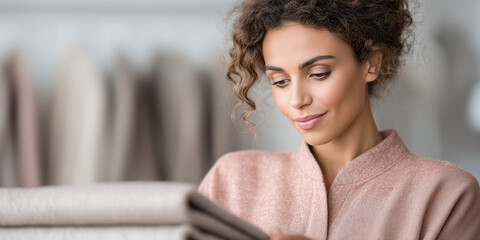 Woman examining soft fabric at textile store, showcasing expertise in selecting quality textiles. Woman engages with selection of textile materials,