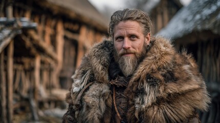 Viking warrior looking at the camera in his village