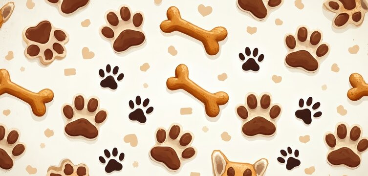 Pattern of dog bones and paws repeat. Cute illustration with many doggy prints, pet treats spread on light background. Happy canine theme graphics for design.