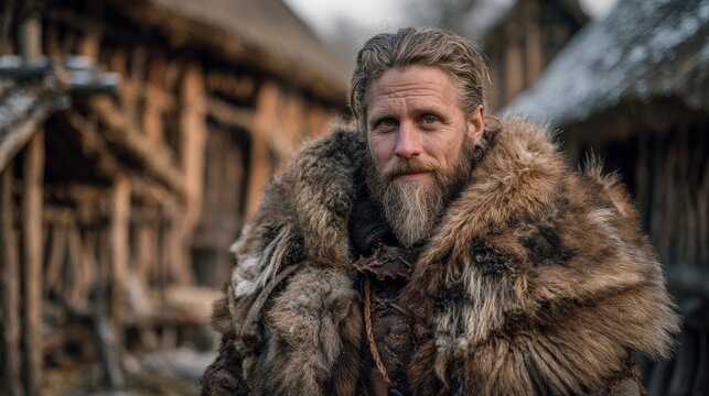 Viking warrior looking at the camera in his village